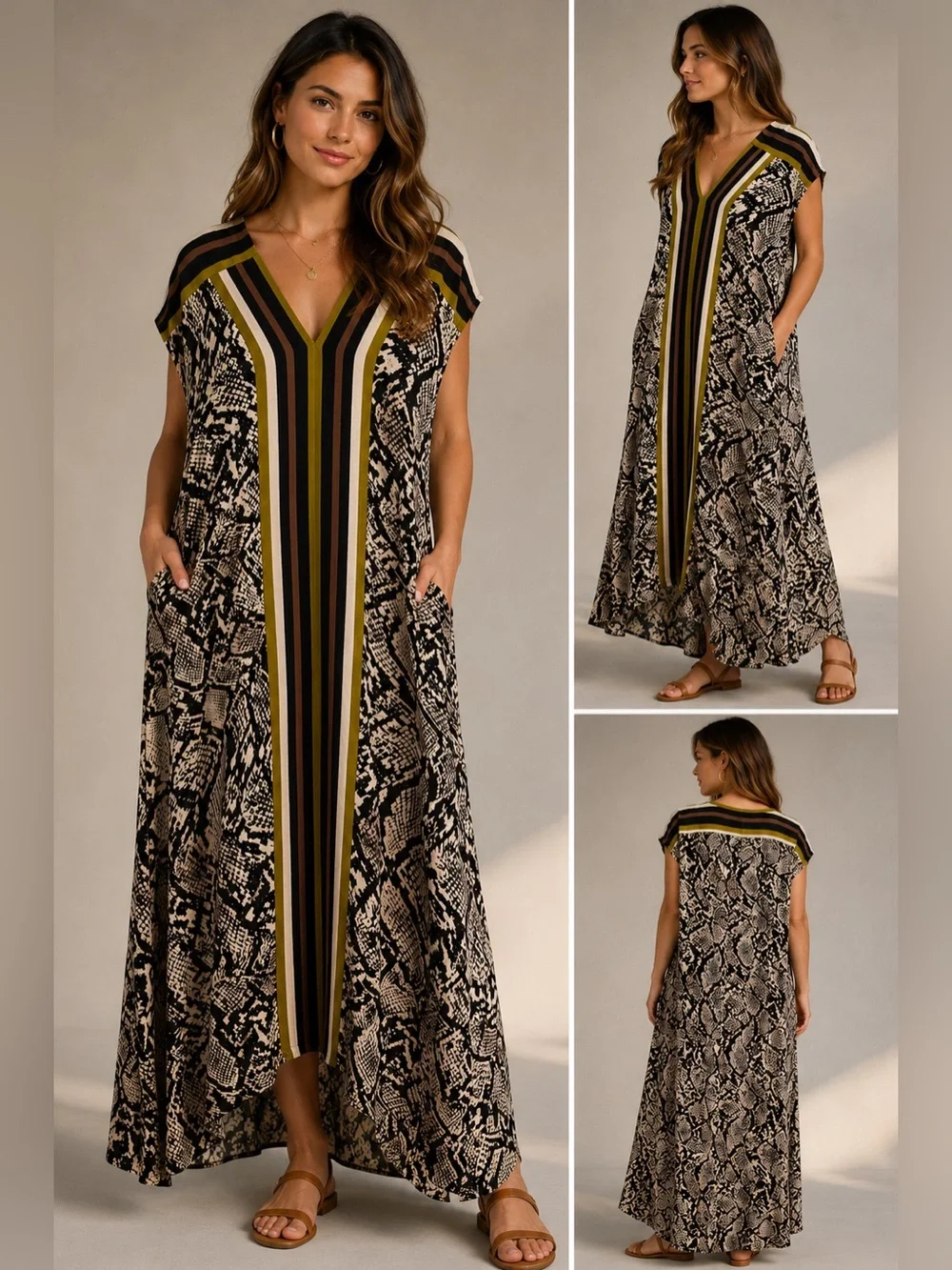 NEW Snake Print Maxi Dress V Neck Tie Back Flowy Boho Size Large